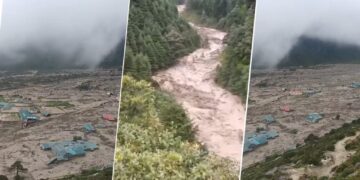 थामे खोलामा बाढीको कारणले गाउँ डुबानमा